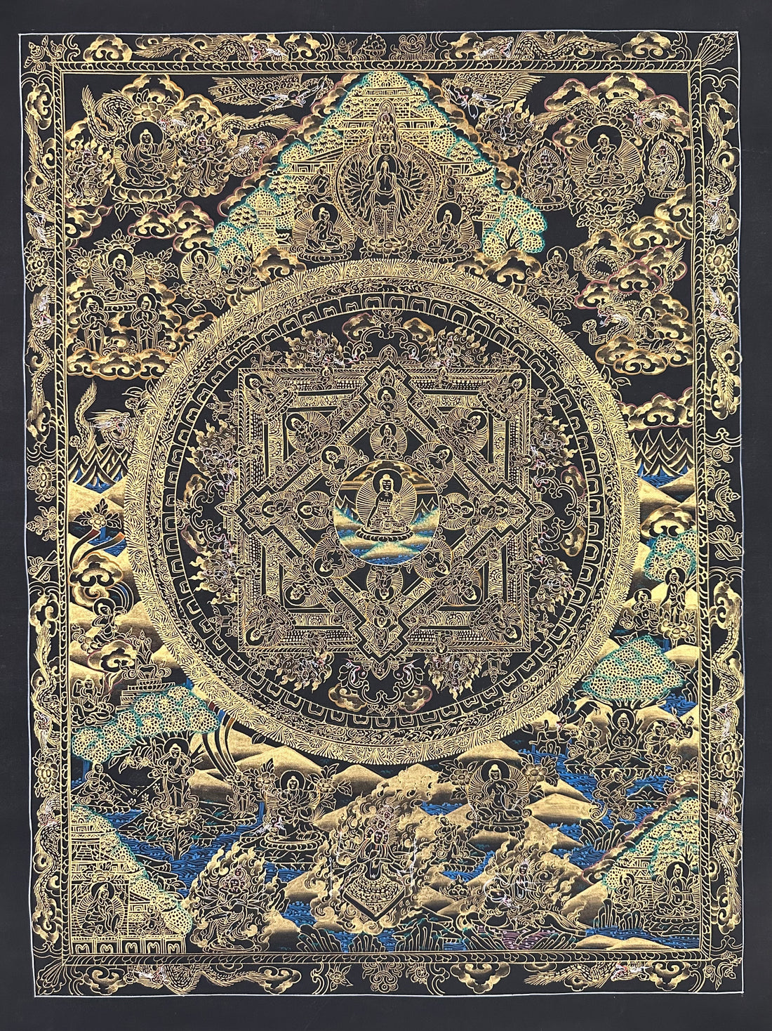 Buddha Mandala thangka, 54×70 cm: a Buddha mandala in gold-coloured line work on black, with thousand-armed Chenrezig above