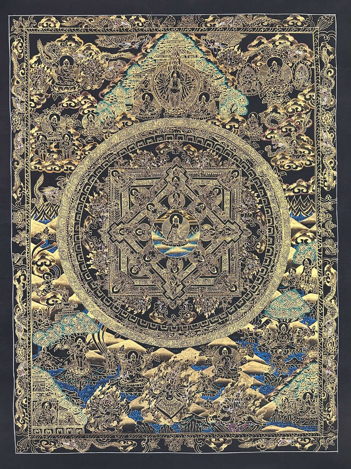 Buddha Mandala thangka, 54×70 cm: a Buddha mandala in gold-coloured line work on black, with thousand-armed Chenrezig above