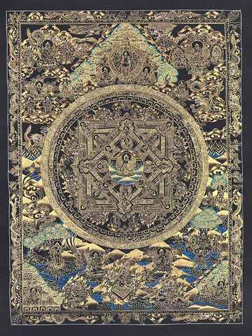 Buddha Mandala thangka, 54×70 cm: a Buddha mandala in gold-coloured line work on black, with thousand-armed Chenrezig above