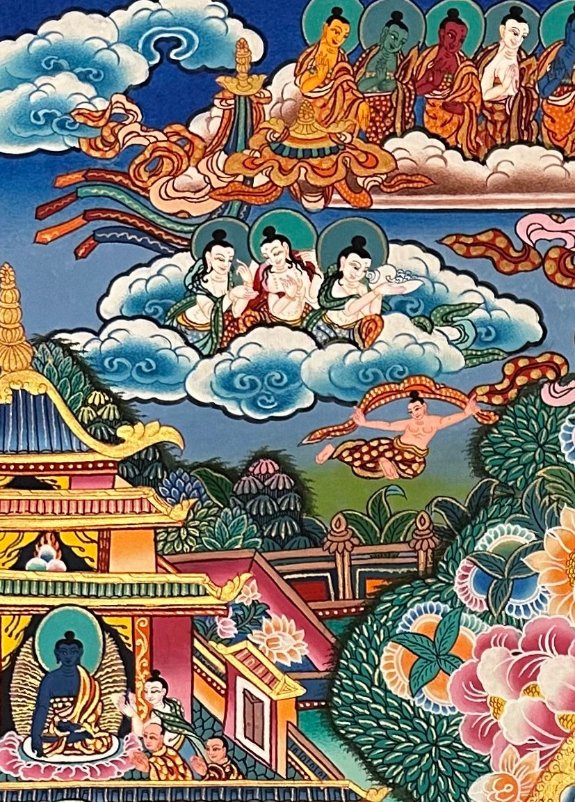Amitabha Buddha thangka, detail: top-left corner