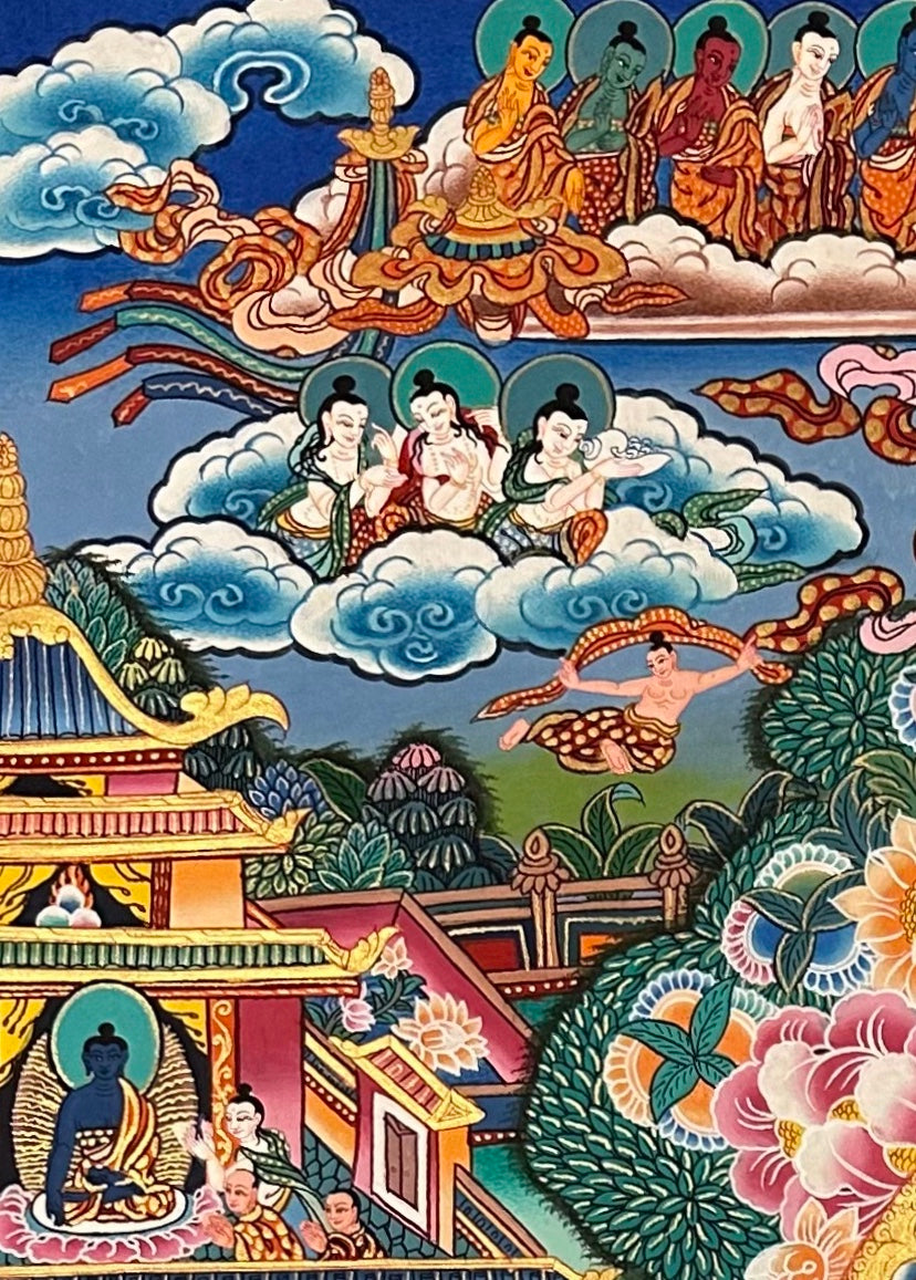 Amitabha Buddha thangka, detail: top-left corner