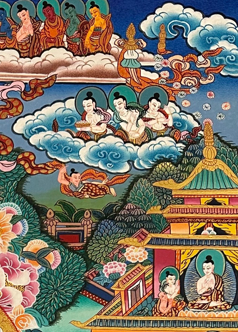 Amitabha Buddha thangka, detail: top-right corner