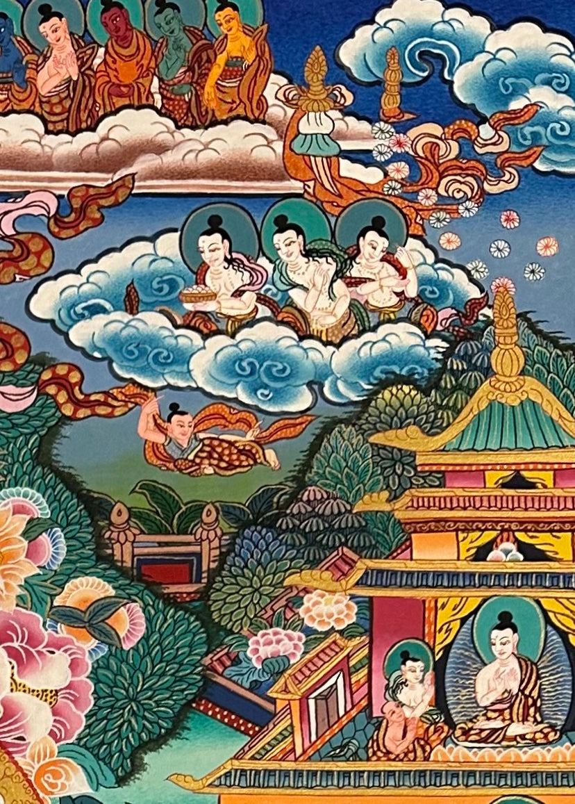 Amitabha Buddha thangka, detail: top-right corner