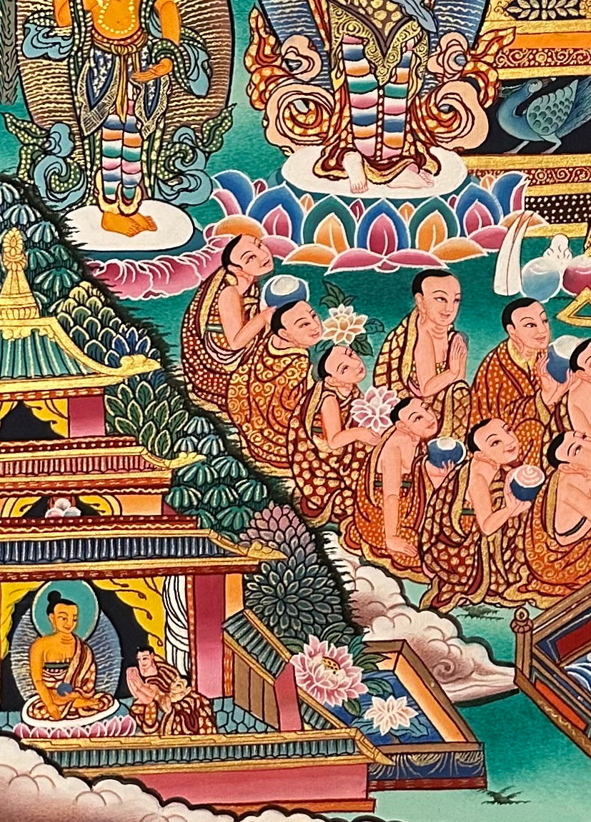 Amitabha Buddha thangka, detail: bottom-left corner