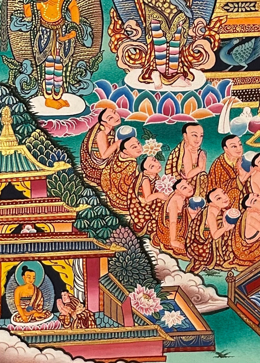 Amitabha Buddha thangka, detail: bottom-left corner
