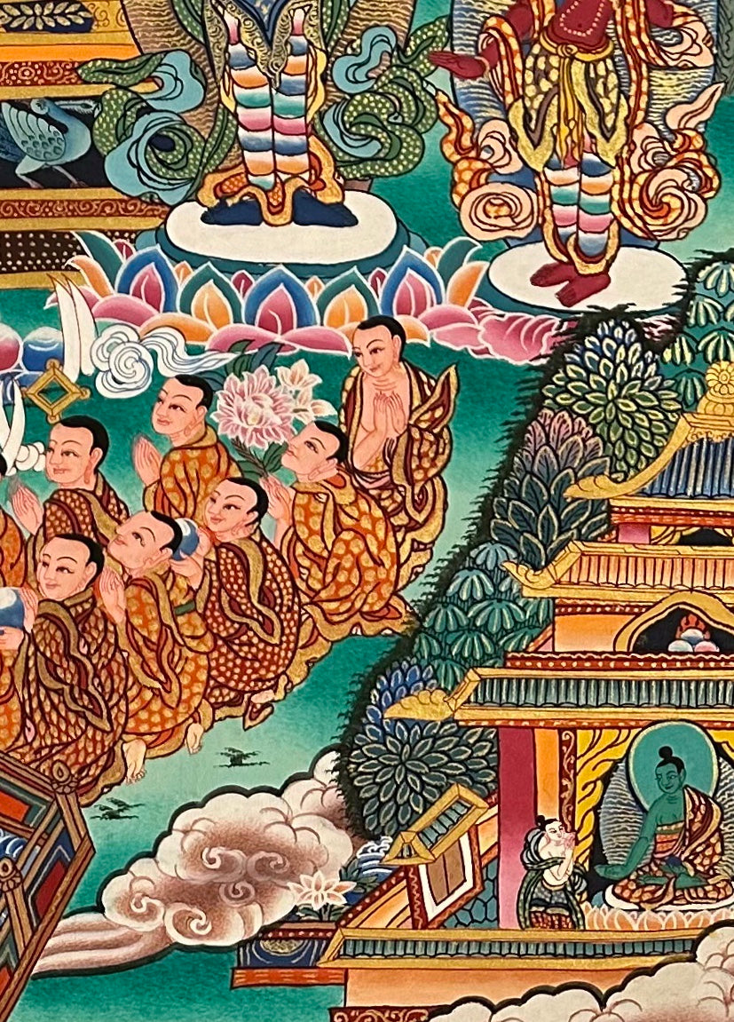 Amitabha Buddha thangka, detail: bottom-right corner