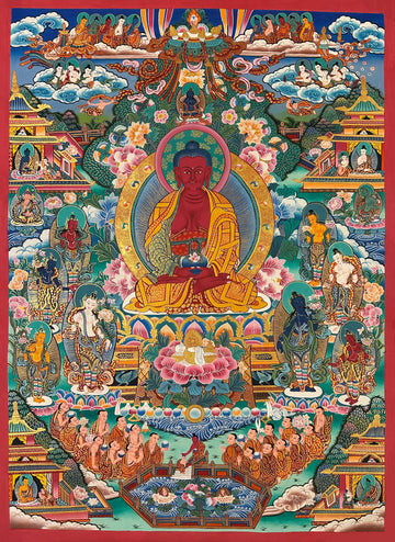 Amitabha Buddha thangka, 62×85 cm: red Amitabha in his Pure Land with standing bodhisattvas, palaces and monks around a lotus pool