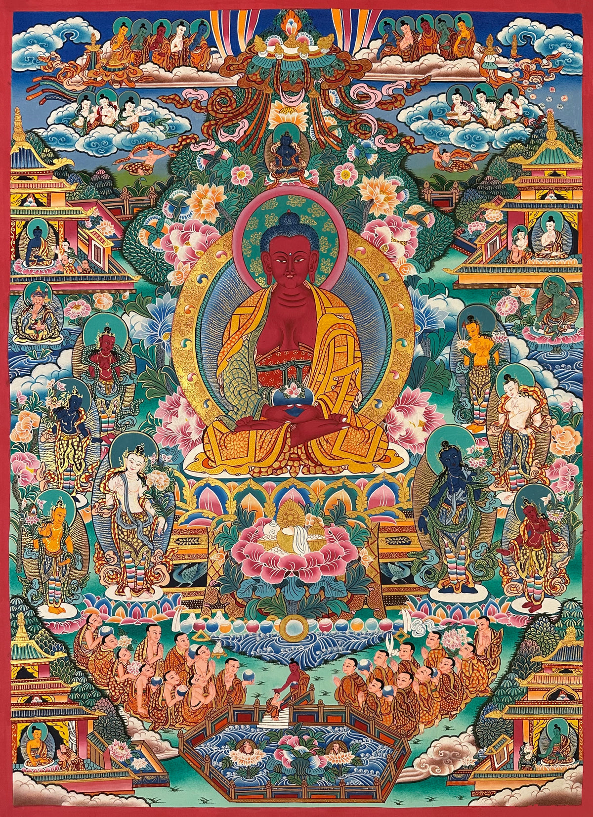 Amitabha Buddha thangka, 62×85 cm: red Amitabha in his Pure Land with standing bodhisattvas, palaces and monks around a lotus pool