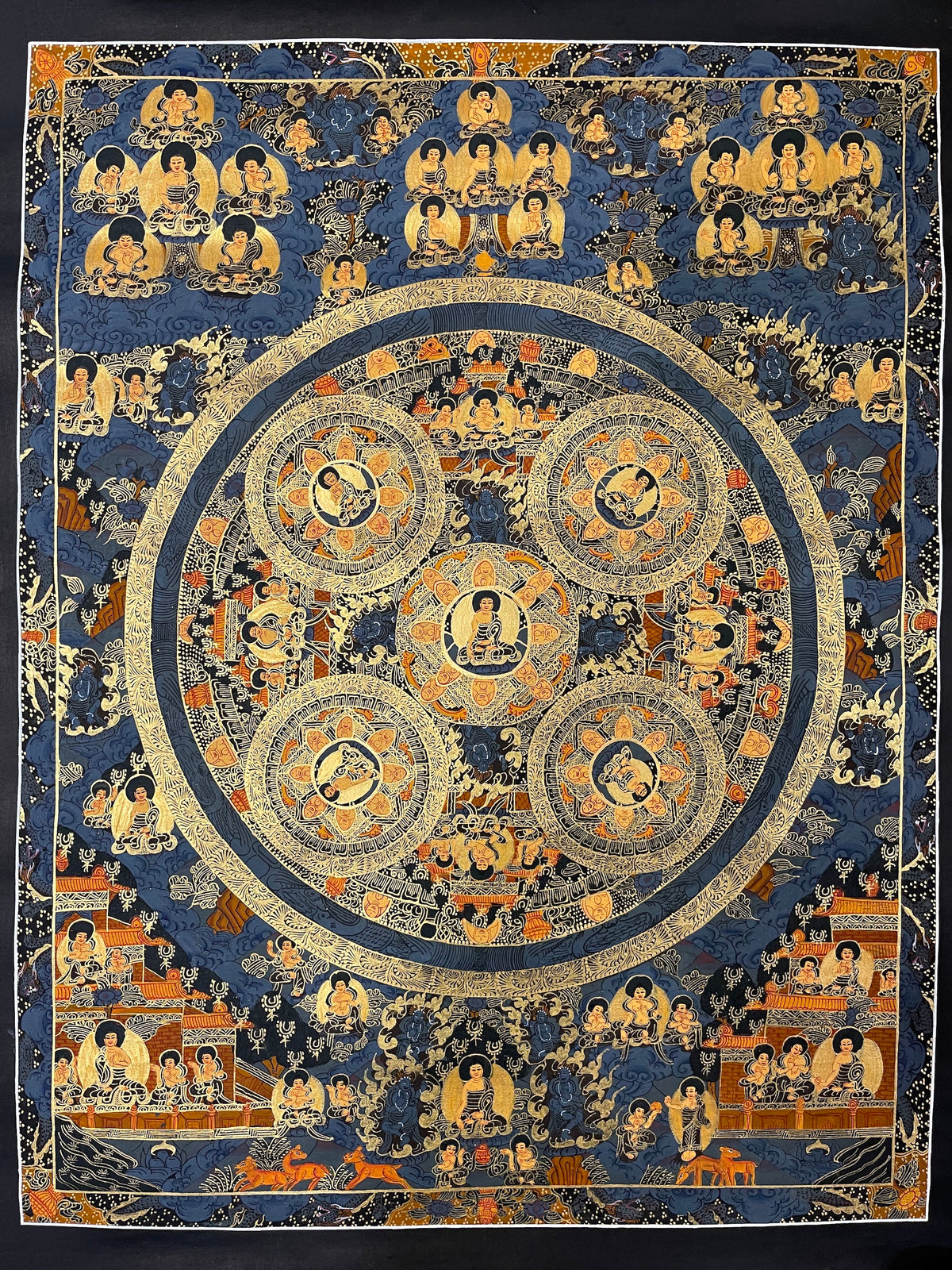 Buddha Mandala thangka, 55×69 cm: five Buddha mandalas inside a great circle in gold-coloured line work on deep blue