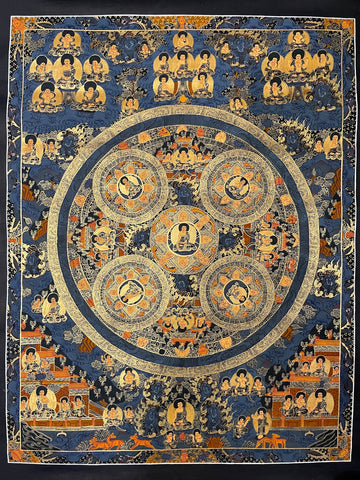 Buddha Mandala thangka, 55×69 cm: five Buddha mandalas inside a great circle in gold-coloured line work on deep blue