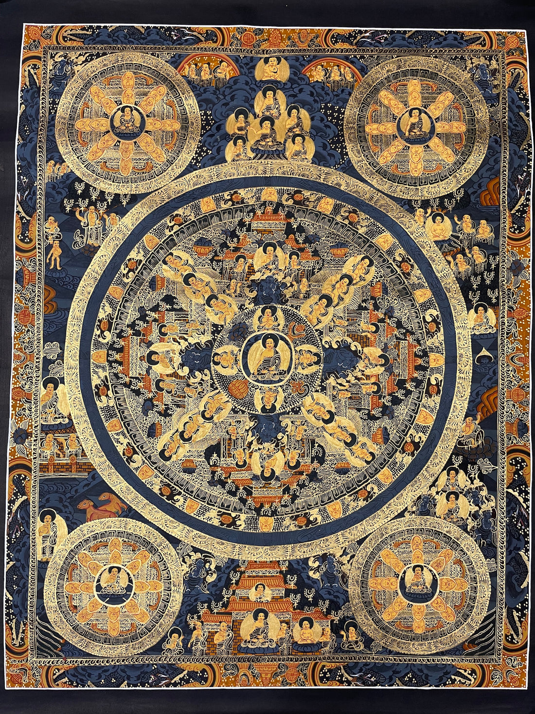 Buddha Mandala thangka, 54×66 cm: a Buddha mandala with four smaller corner mandalas in gold-coloured line work on deep blue