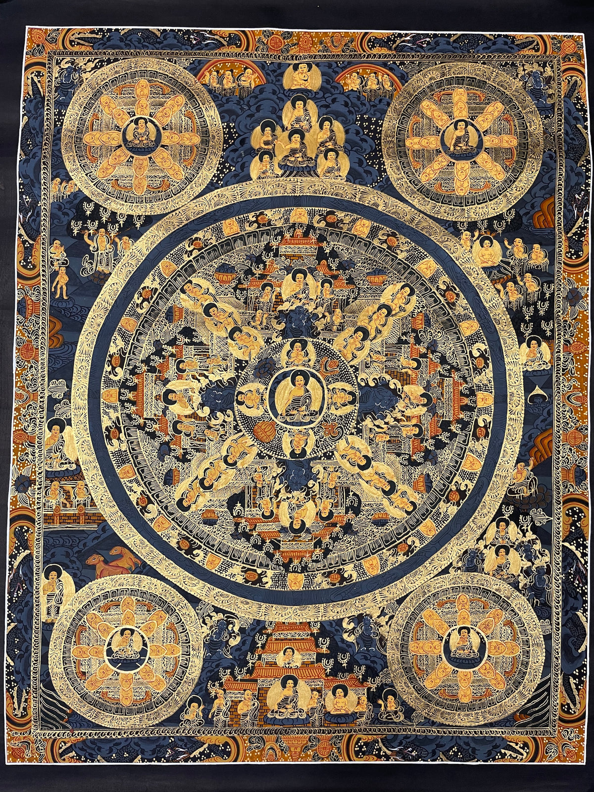 Buddha Mandala thangka, 54×66 cm: a Buddha mandala with four smaller corner mandalas in gold-coloured line work on deep blue