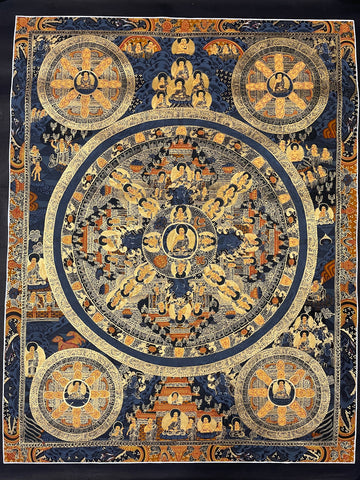 Buddha Mandala thangka, 54×66 cm: a Buddha mandala with four smaller corner mandalas in gold-coloured line work on deep blue