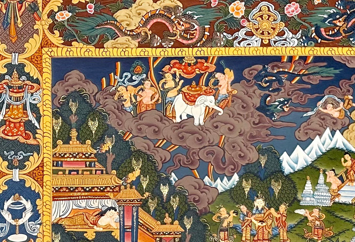 Buddha Life Story thangka, detail: top-left corner