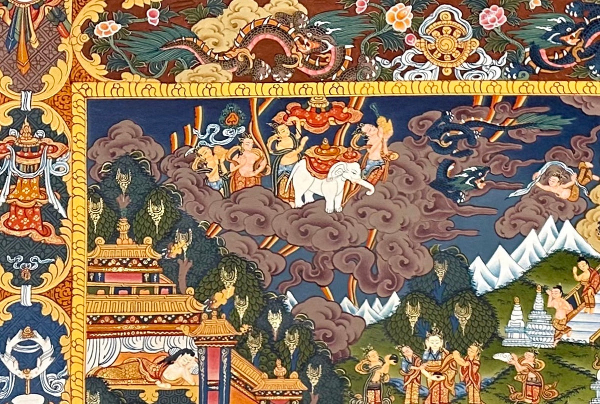 Buddha Life Story thangka, detail: top-left corner