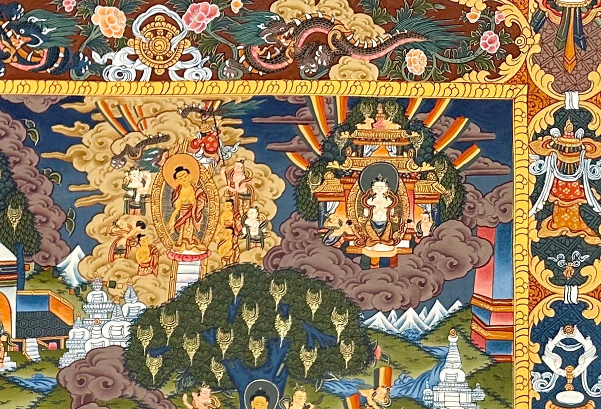 Buddha Life Story thangka, detail: top-right corner