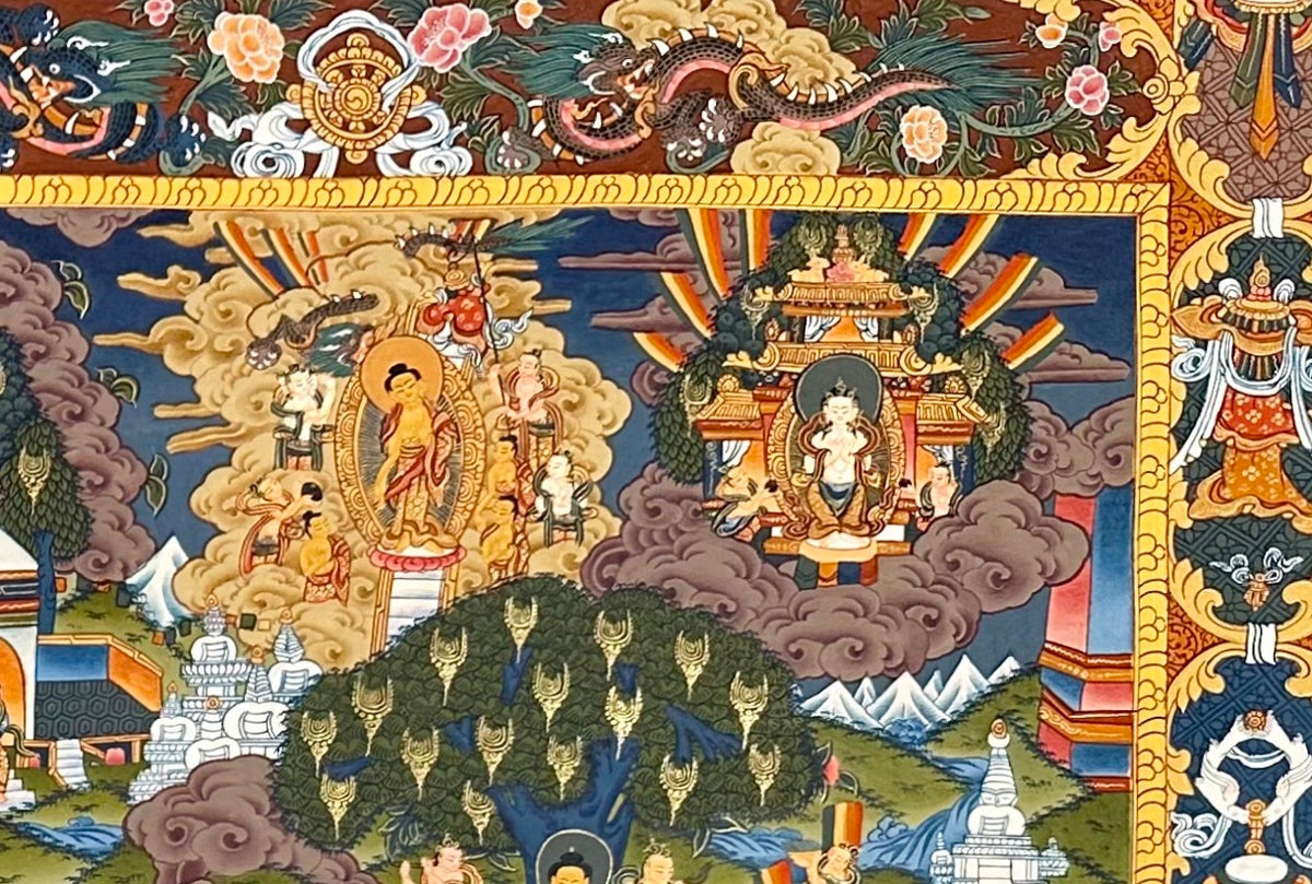 Buddha Life Story thangka, detail: top-right corner