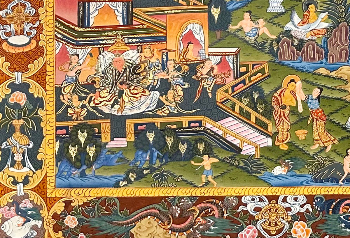 Buddha Life Story thangka, detail: bottom-left corner