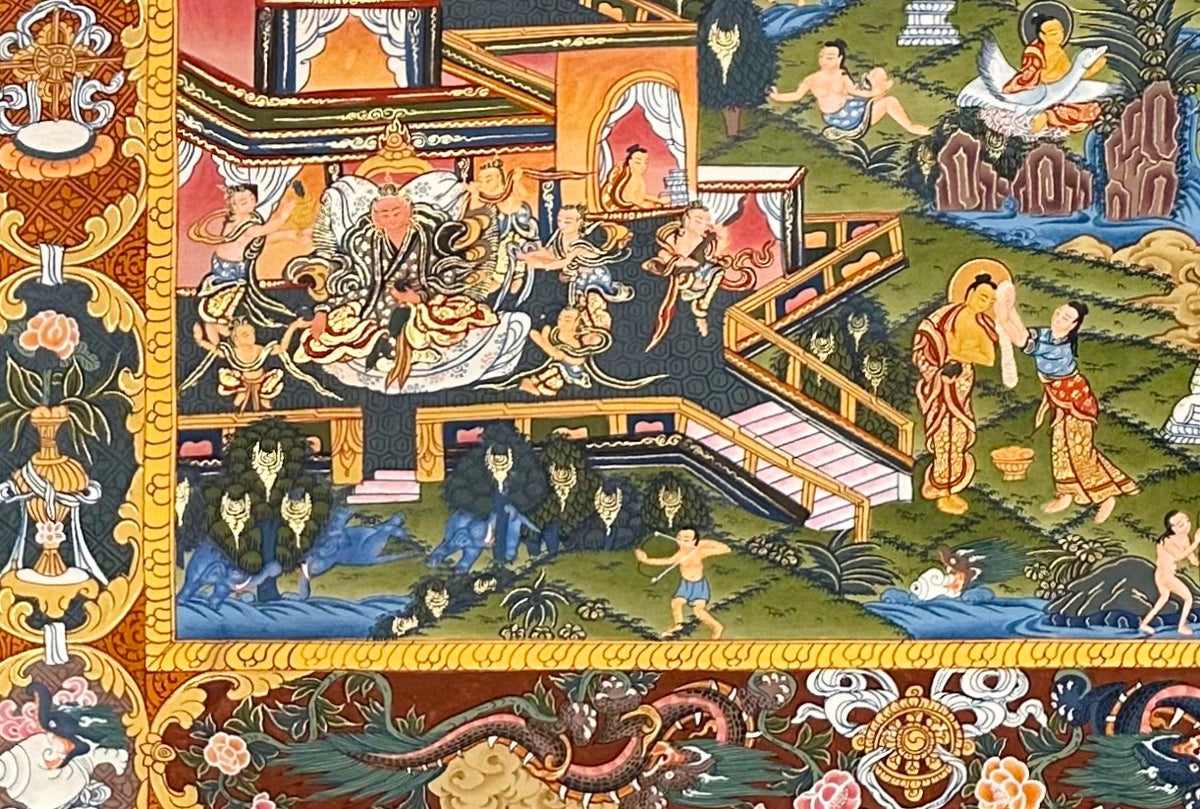 Buddha Life Story thangka, detail: bottom-left corner