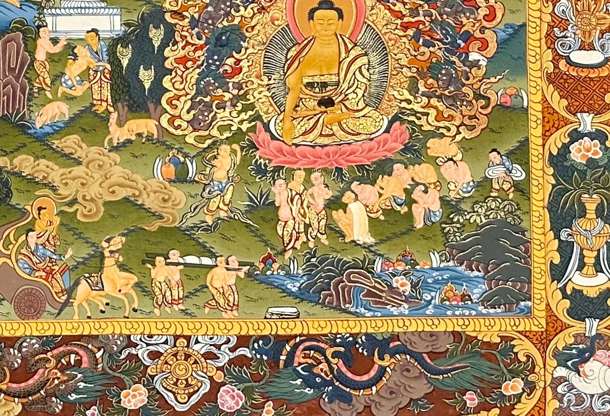 Buddha Life Story thangka, detail: bottom-right corner