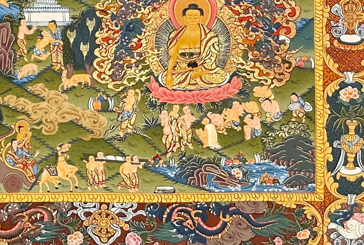 Buddha Life Story thangka, detail: bottom-right corner