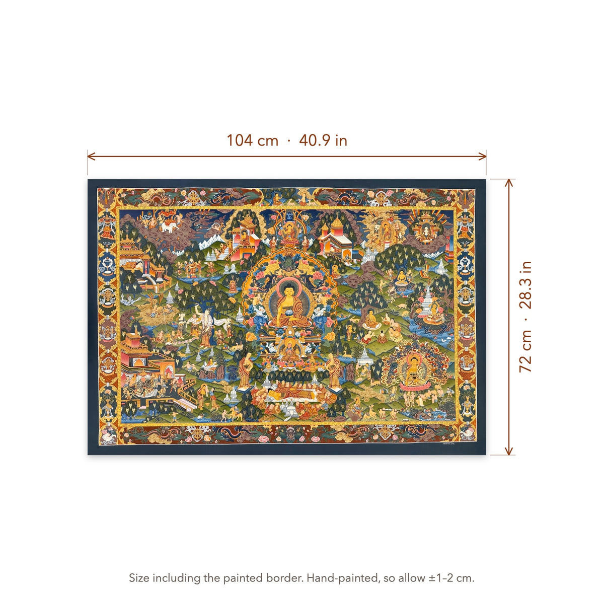 Size diagram: 104 × 72 cm (40.9 × 28.3 in), including the painted border