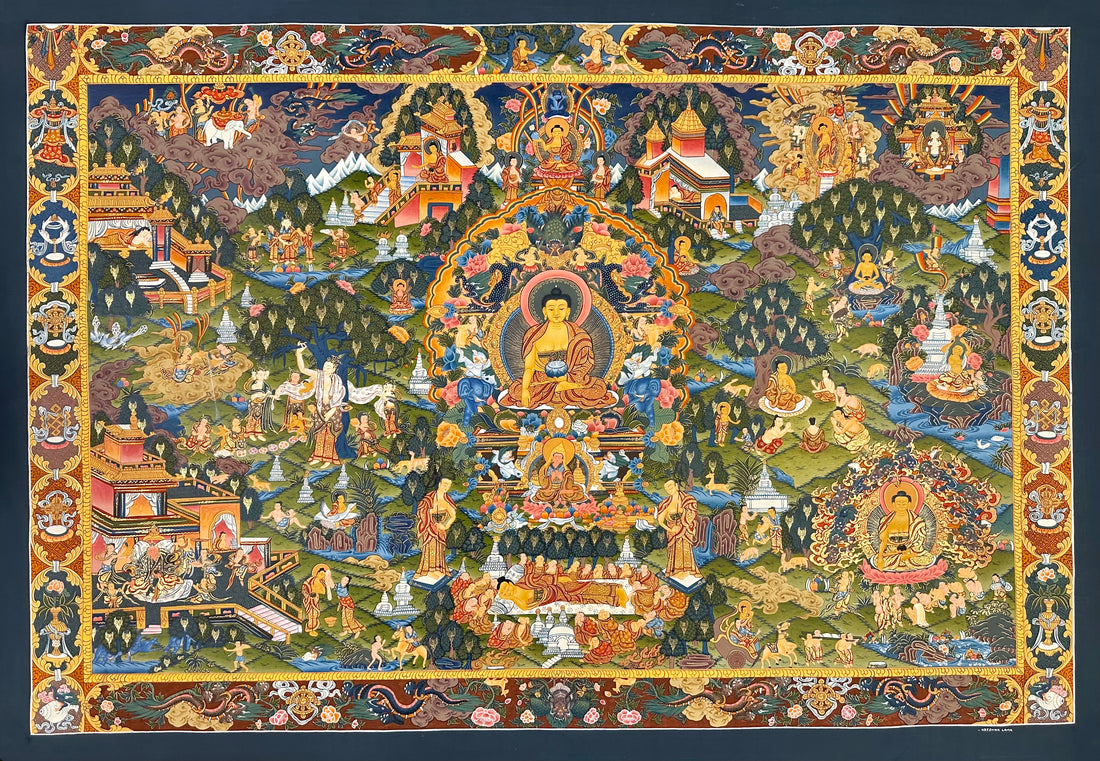 Buddha Life Story thangka, 104×72 cm: Shakyamuni at the centre surrounded by scenes of his life, signed Krishna Lama
