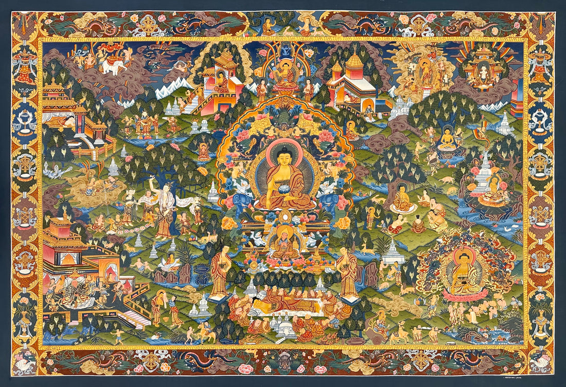 Buddha Life Story thangka, 104×72 cm: Shakyamuni at the centre surrounded by scenes of his life, signed Krishna Lama