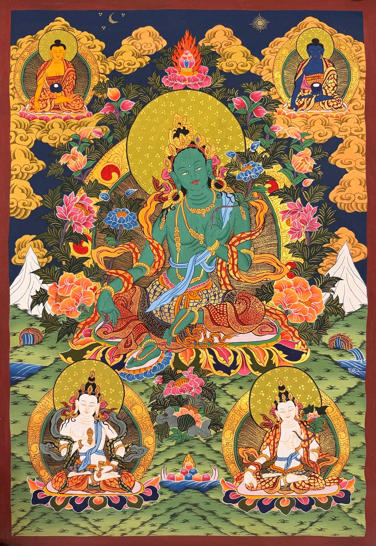 Green Tara thangka, 58×80 cm: Green Tara among peonies, with Shakyamuni and the Medicine Buddha above and Vajrasattva and White Tara below