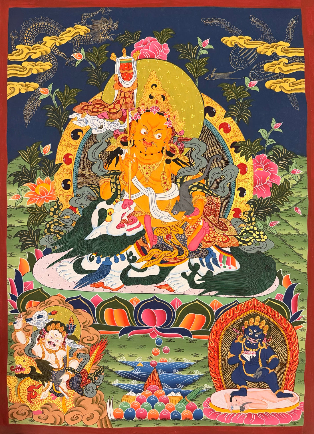 Vaishravana thangka, 60×83 cm: Vaishravana riding a white snow lion with a victory banner, with White and Black Jambhala below