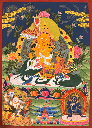 Vaishravana thangka, 60×83 cm: Vaishravana riding a white snow lion with a victory banner, with White and Black Jambhala below