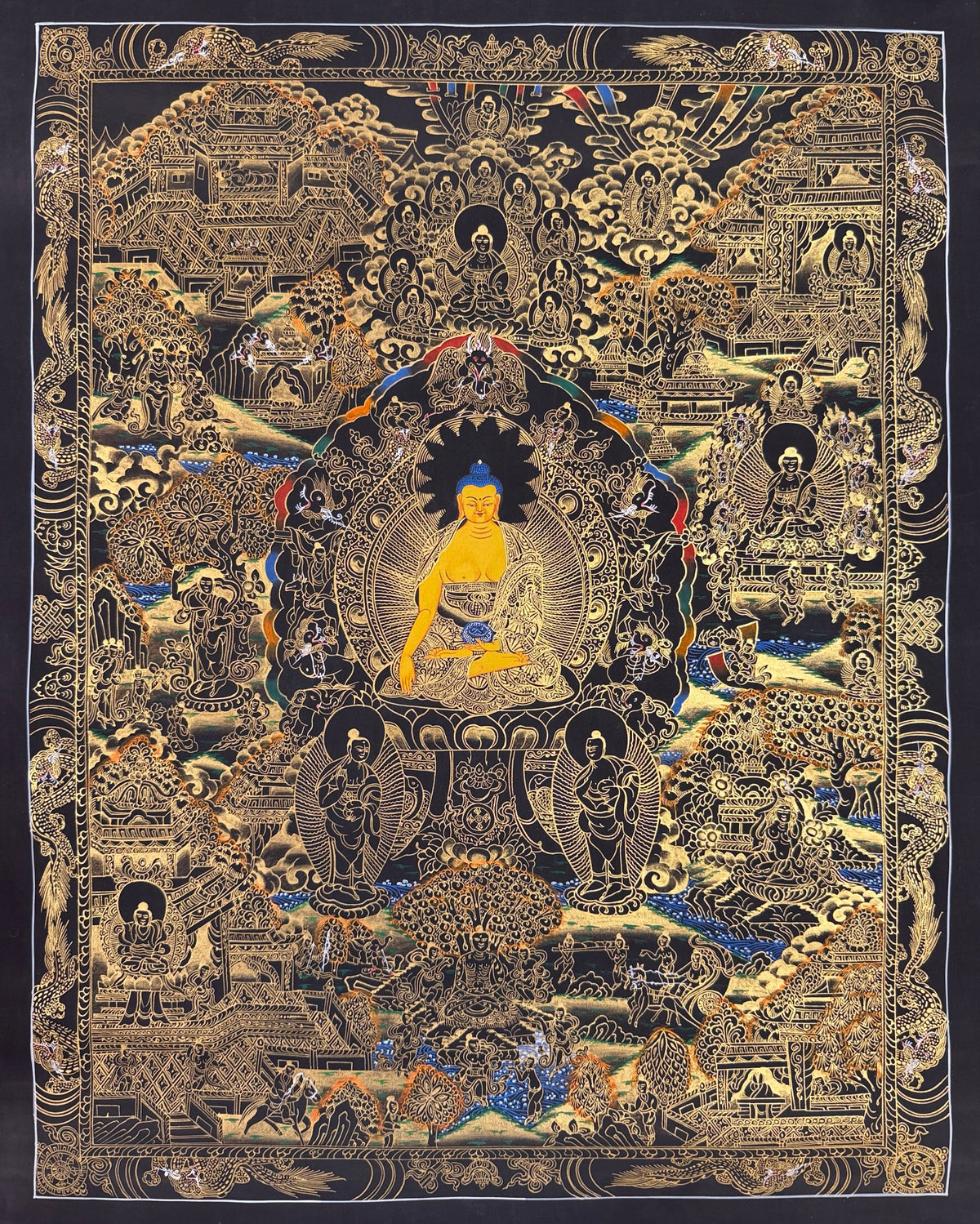 Buddha Life Story thangka, 53×68 cm: Shakyamuni surrounded by scenes of his life, in gold-coloured line work on black