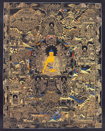 Buddha Life Story thangka, 53×68 cm: Shakyamuni surrounded by scenes of his life, in gold-coloured line work on black