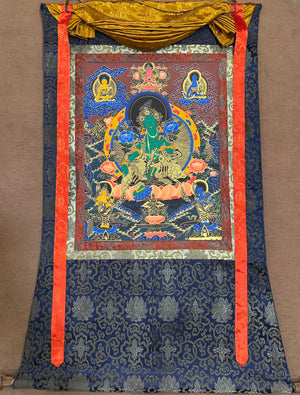 Green Tara Thangka in Silk Brocade – 45×60 cm, Fine Grade
