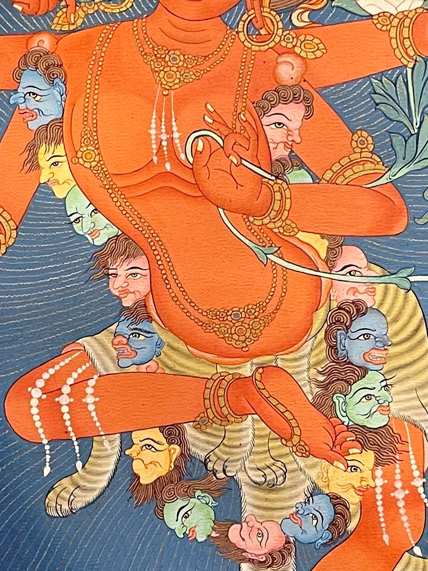 Kurukulla thangka, 42×56 cm: red four-armed Kurukulla drawing a bow of flowers inside a ring of flames