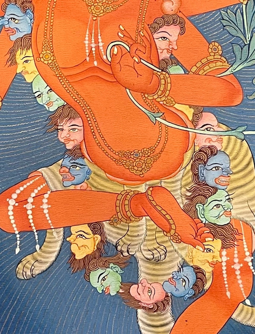 Kurukulla thangka, 42×56 cm: red four-armed Kurukulla drawing a bow of flowers inside a ring of flames