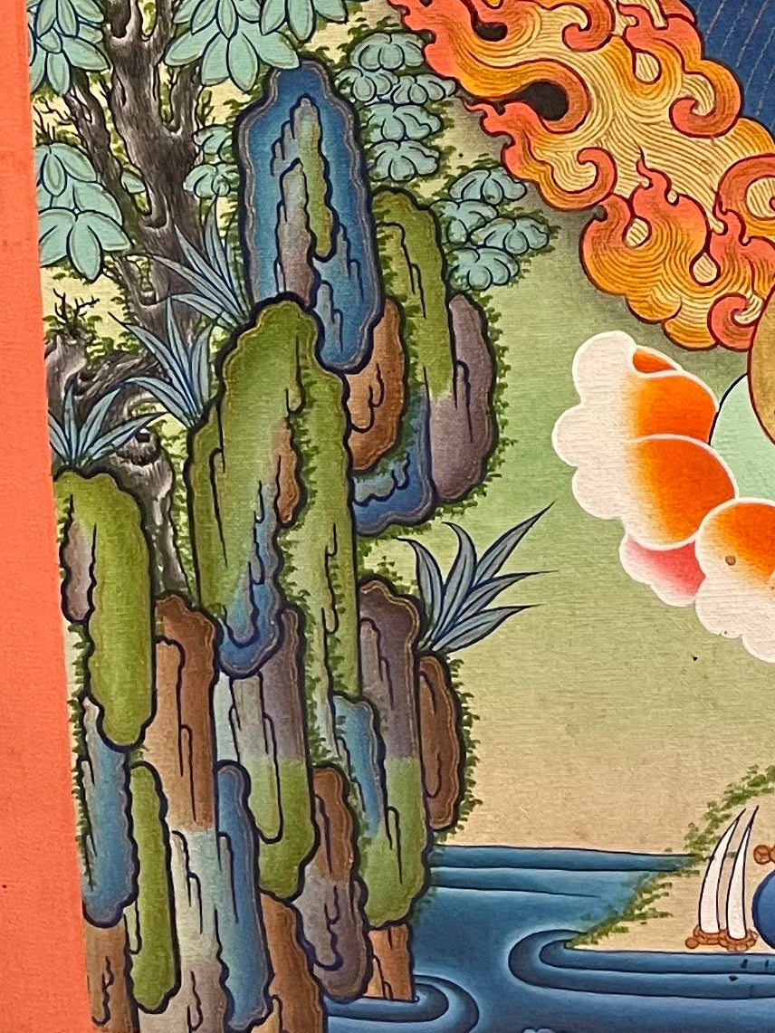 Kurukulla thangka, detail: bottom-left corner