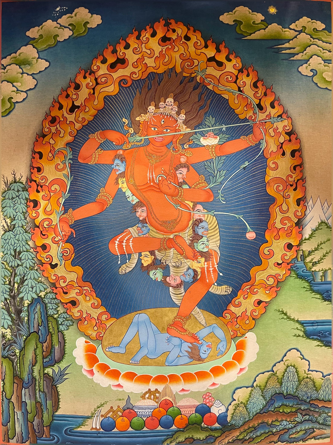 Kurukulla thangka, 42×56 cm: red four-armed Kurukulla drawing a bow of flowers inside a ring of flames