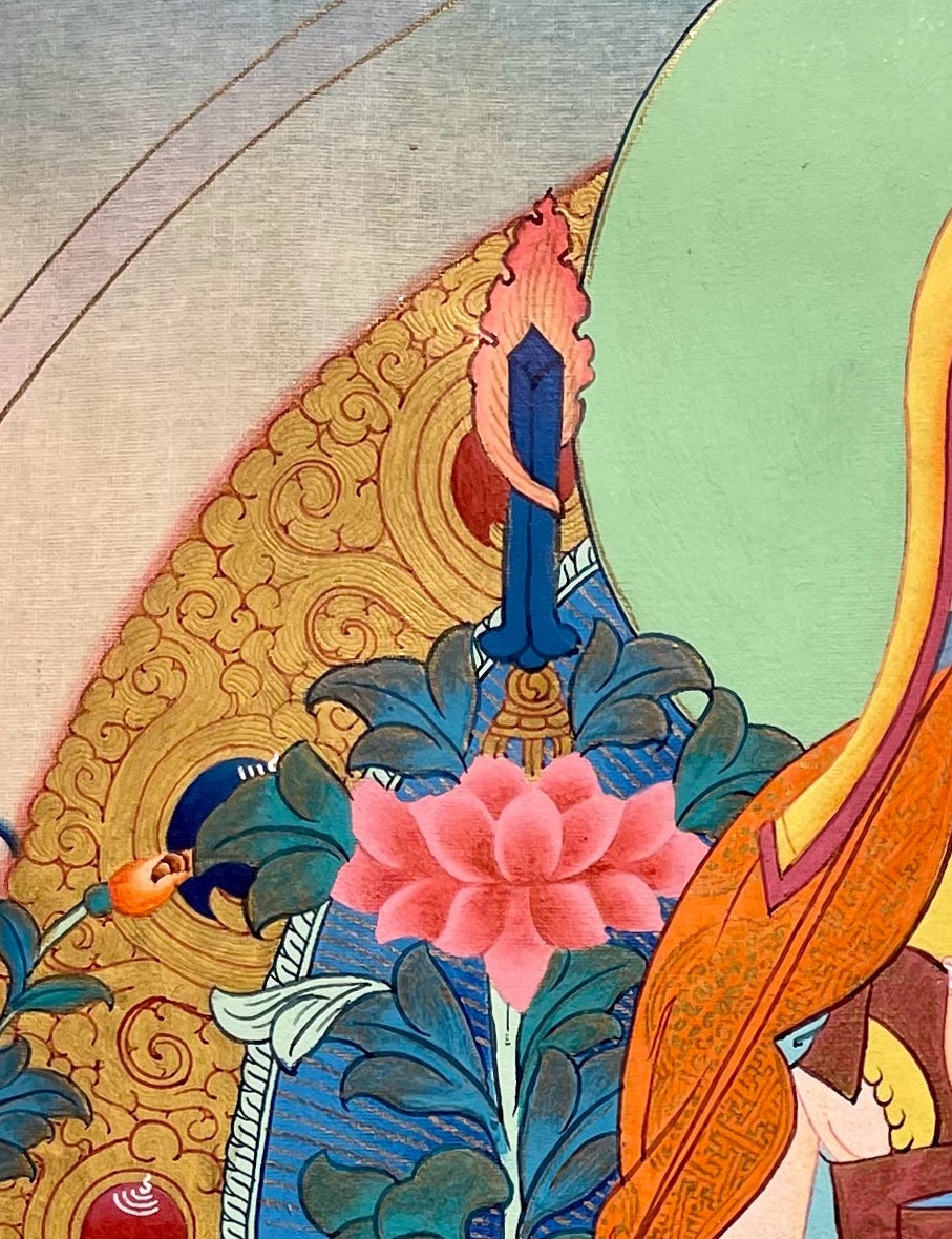 Tsongkhapa thangka, detail: top-left corner