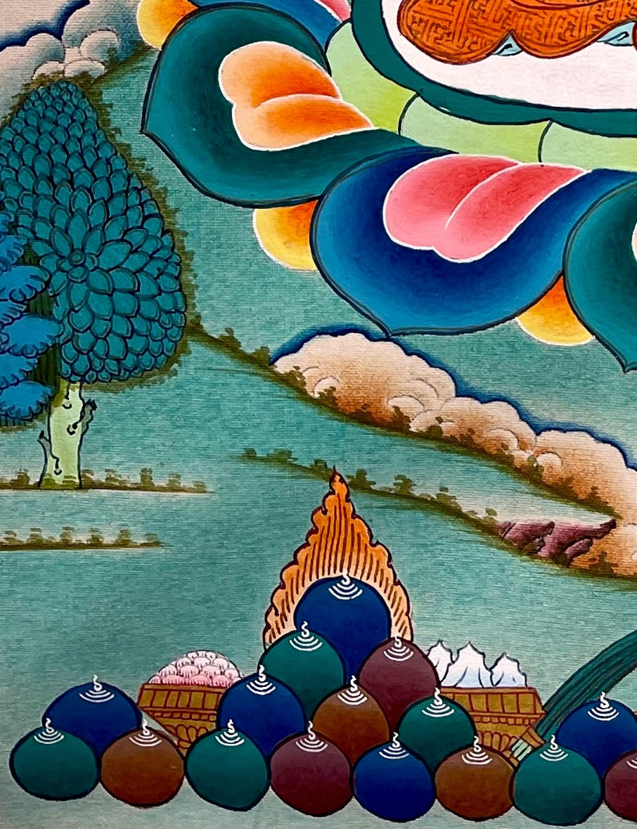 Tsongkhapa thangka, detail: bottom-left corner