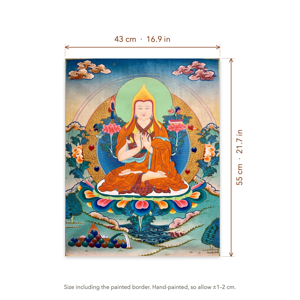 Size diagram: 43 × 55 cm (16.9 × 21.7 in), including the painted border