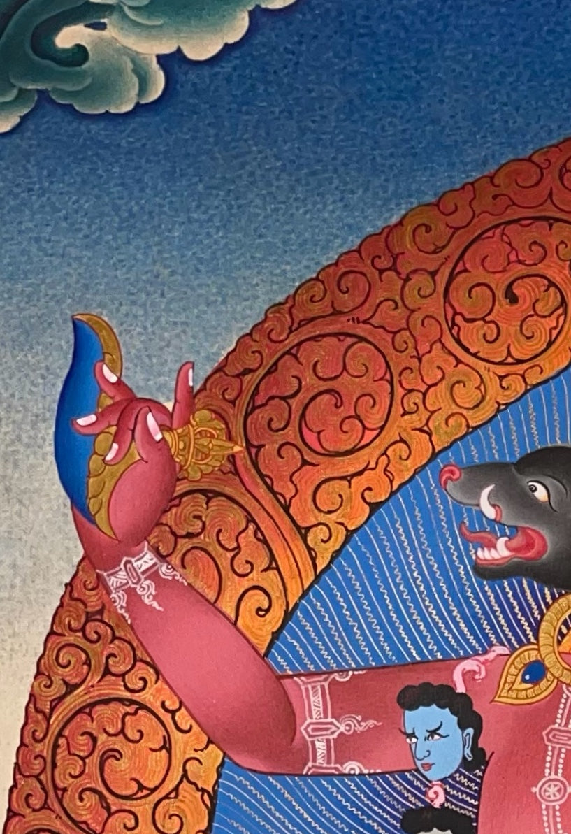 Dorje Phagmo thangka, detail: top-left corner