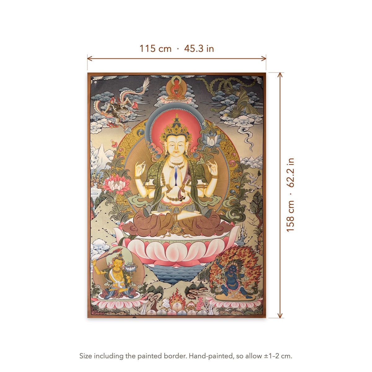 Size diagram: 115 × 158 cm (45.3 × 62.2 in), including the painted border