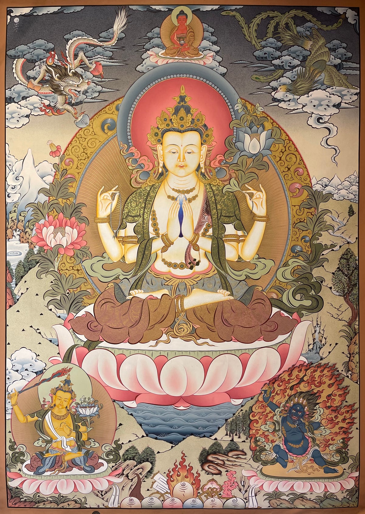 Chenrezig thangka, 115×158 cm: four-armed Chenrezig on a pink lotus with Amitabha above, Manjushri and Vajrapani below