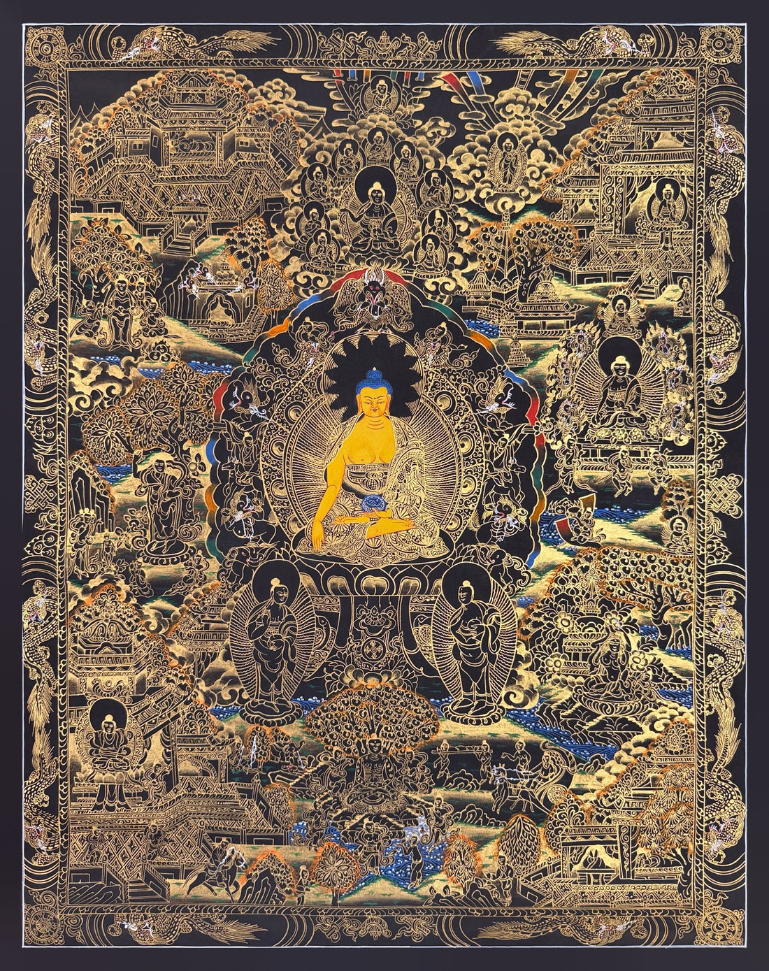 Buddha Life Story thangka, 53×68 cm: Shakyamuni surrounded by scenes of his life, in gold-coloured line work on black