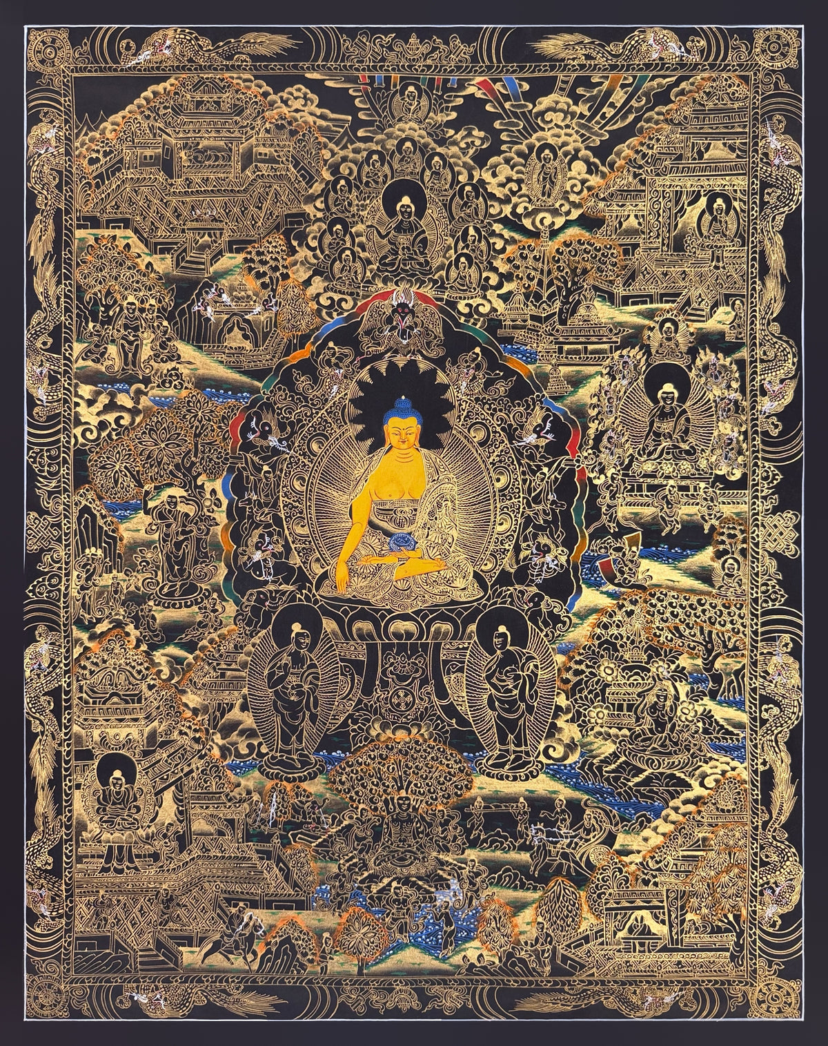 Buddha Life Story thangka, 53×68 cm: Shakyamuni surrounded by scenes of his life, in gold-coloured line work on black