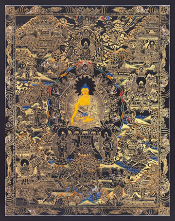 Buddha Life Story thangka, 53×68 cm: Shakyamuni surrounded by scenes of his life, in gold-coloured line work on black