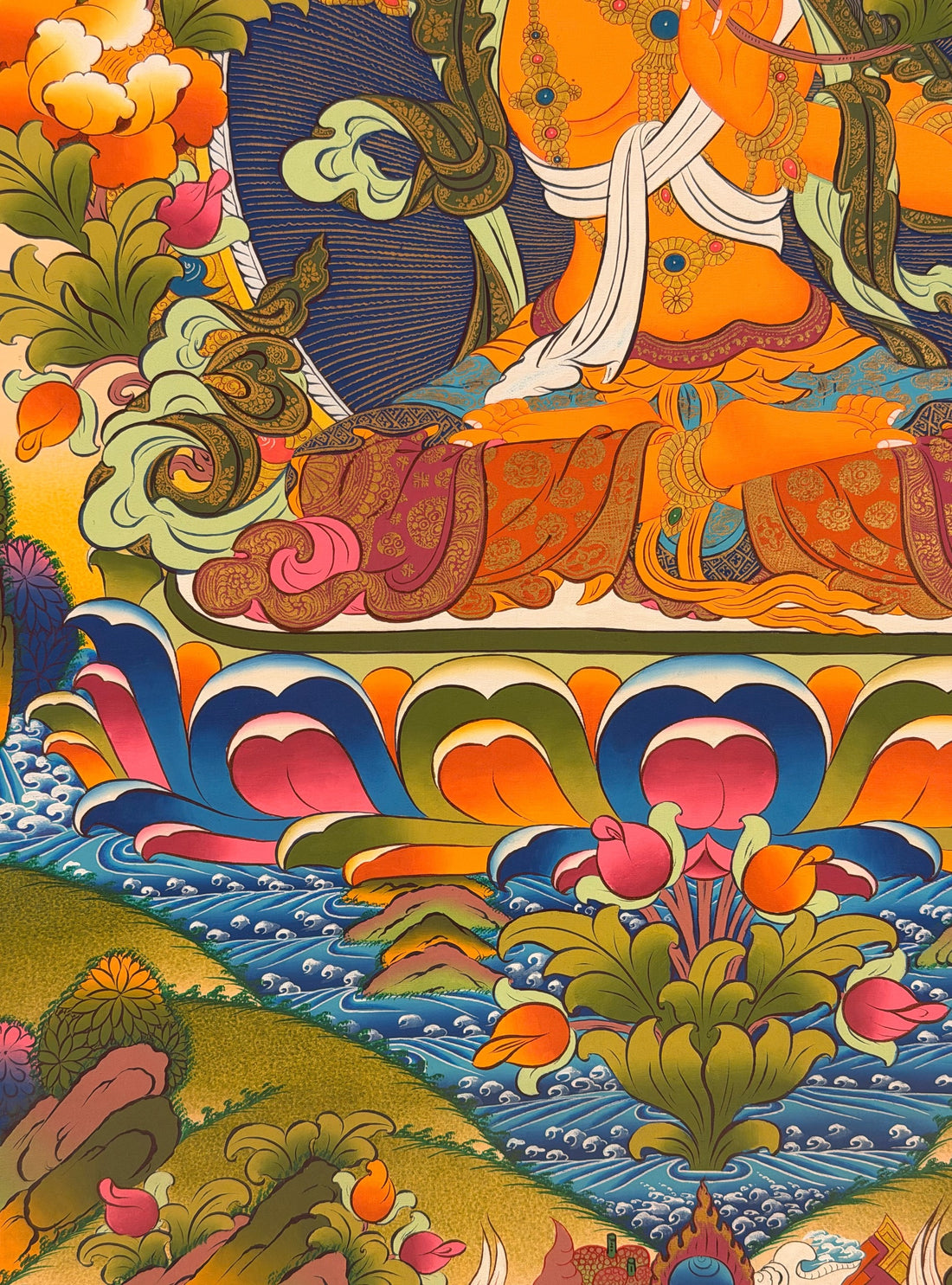 Manjushri thangka, 56×78 cm: Manjushri raising his flaming sword, with a book on a lotus at his shoulder, among peonies