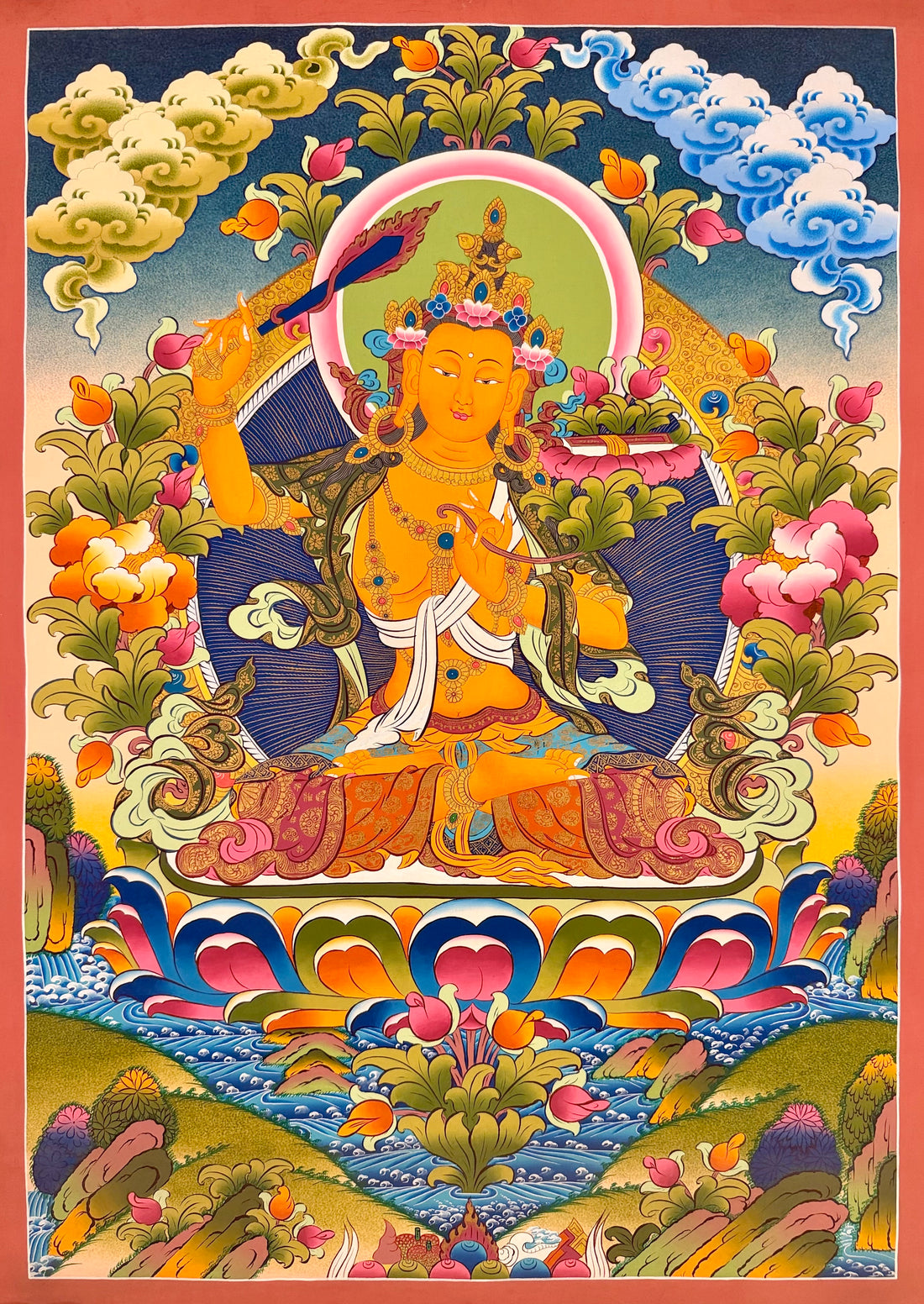 Manjushri thangka, 56×78 cm: Manjushri raising his flaming sword, with a book on a lotus at his shoulder, among peonies