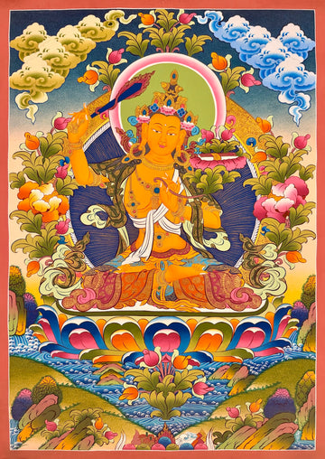 Manjushri thangka, 56×78 cm: Manjushri raising his flaming sword, with a book on a lotus at his shoulder, among peonies